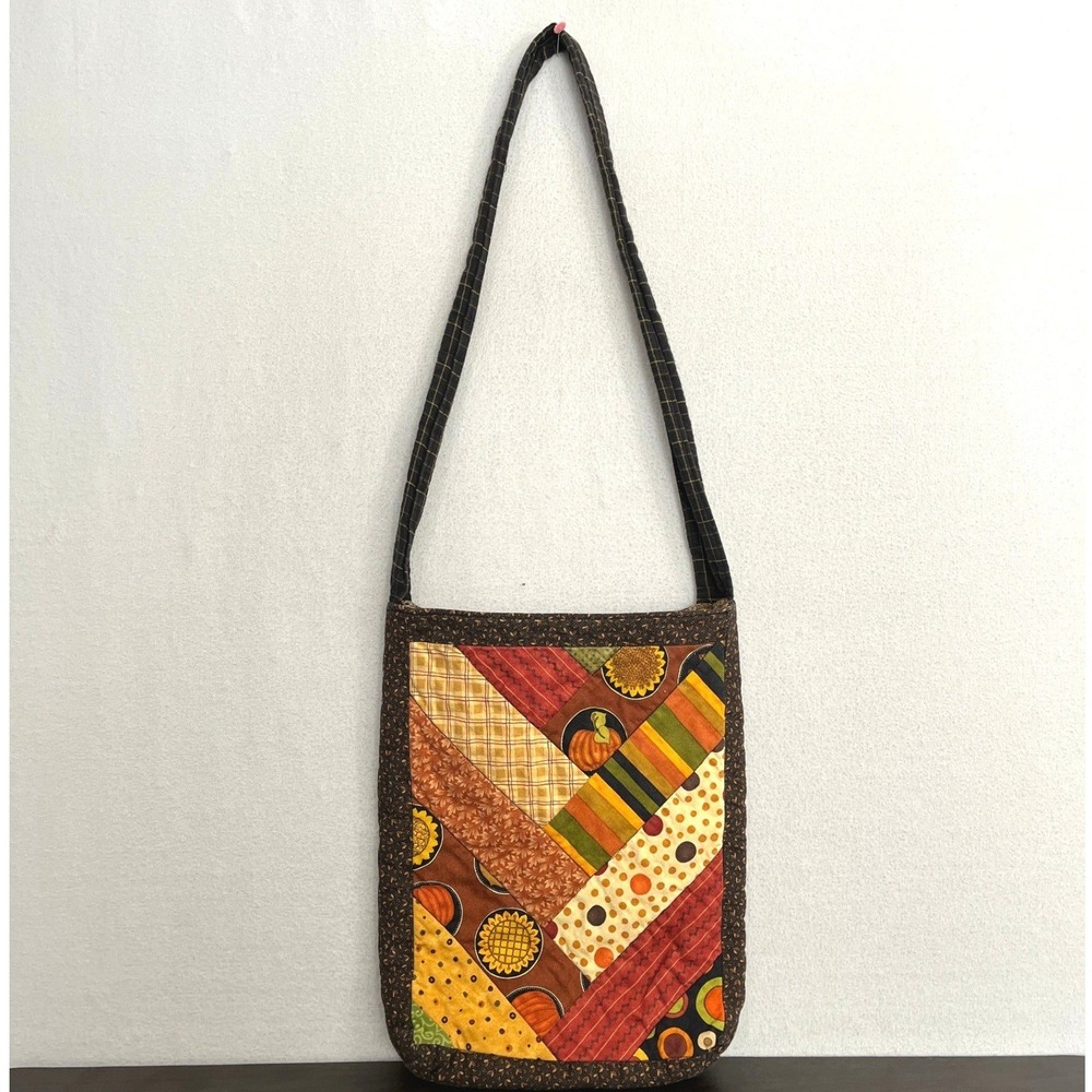 Handmade Quilted Patchwork Book Tote Bag Fall Harvest Pumpkin Sunflower Brown